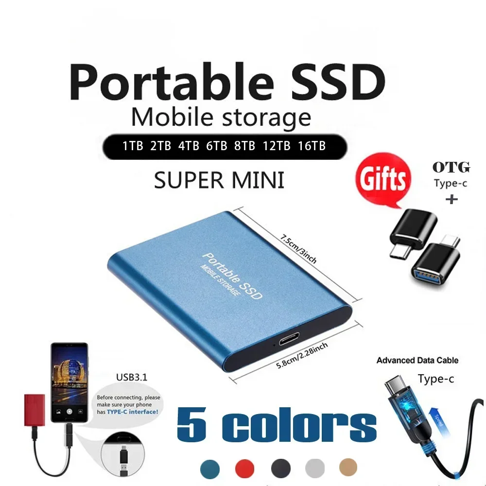 Portable External Hard Drive 100% Original External Hard Drive Portable SSD 1TB 2TB Solid State Disk Type-C/USB 3.1 High-speed Hard Disks for Laptop/Desktop