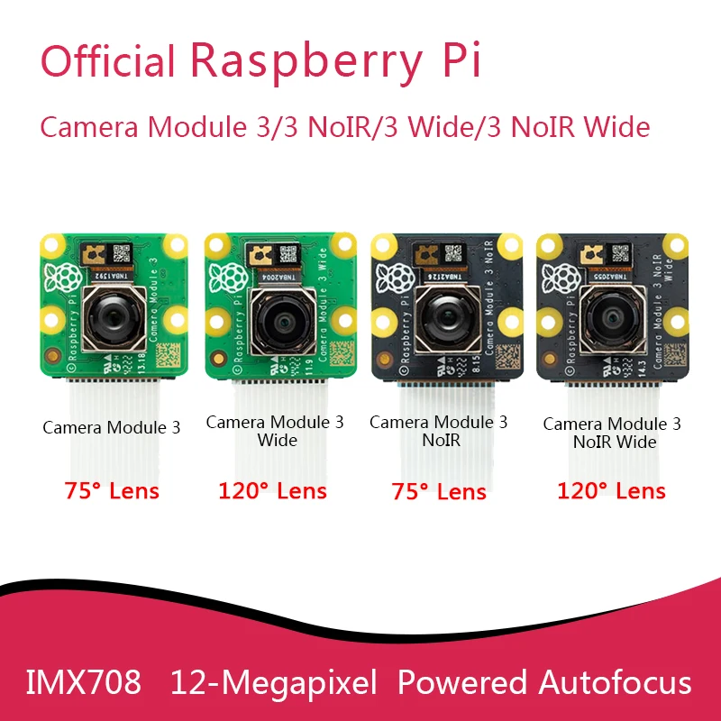 Módulo de Câmera Oficial Wide Noir Imx708 75 ° 120 ° Ângulo Diagonal de Visão 12-megapixel Sensor Alimentado Autofoco