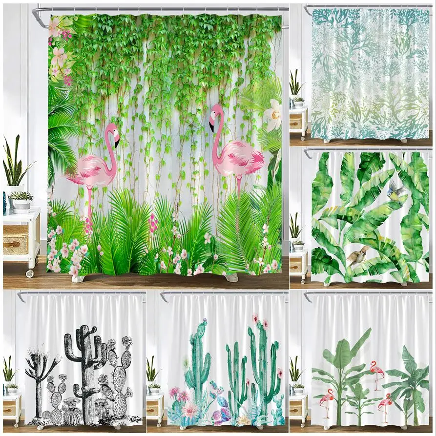 

Тропические занавески для душа с изображением растений, лозы, банана, пальмовых листьев, фламинго, кактус, листья, цветы, занавески для ванной, тканевые декоративные крючки для ванной комнаты