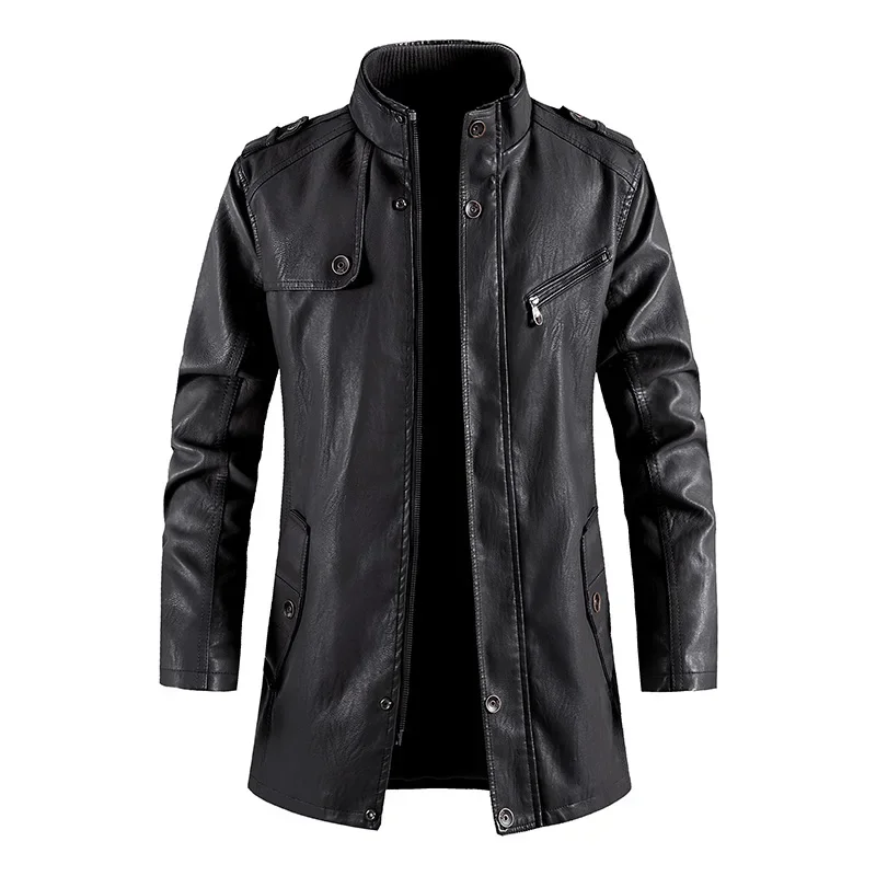 New Men's Leather Jacket Autumn/winter Motorcycle Slim Fit PU Long Leather Coat Bicycle Stand Collar Fashionable Men's Warm Coat