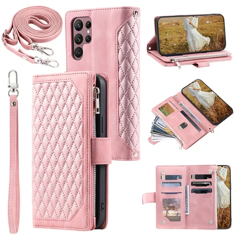 Elegant Flip Leather Phone Case with Long Lanyard and Zipper Wallet Card Holder