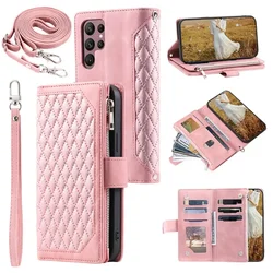 Elegant Flip Leather Phone Case with Long Lanyard and Zipper Wallet Card Holder - (Samsung S22 Ultra) (Pink)