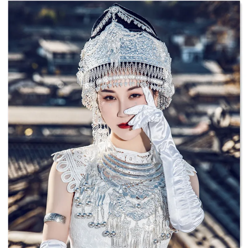 

Chinese Miao Sponge Hats With Long Tassels For Women Vintage Model Hat Singer Dancer Favor Gifts Studio Photography 3 Styles