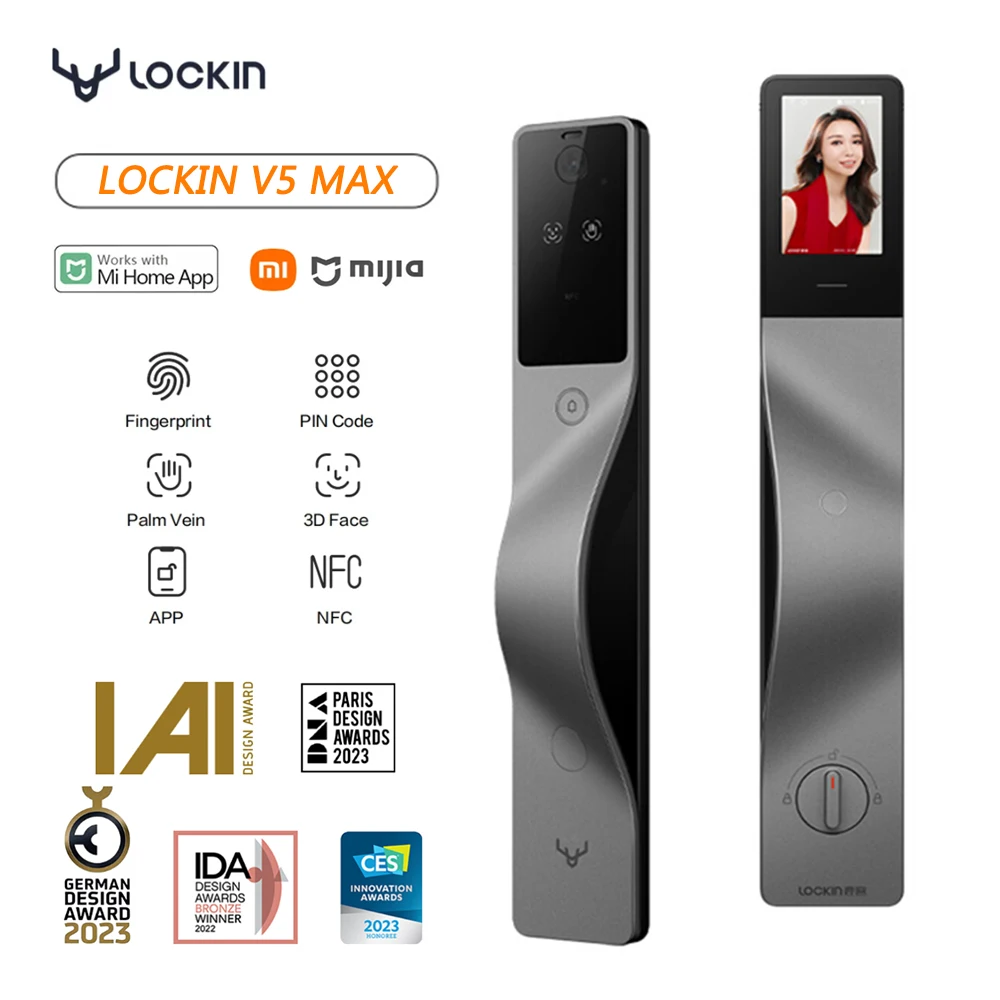 Lockin V5 Max 3D Riconoscimento Facciale Smart Lock Palmar Vein Cat Eye Screen Smart Password Lock App Smart Link Per L'Apertura Della Porta Sinistra