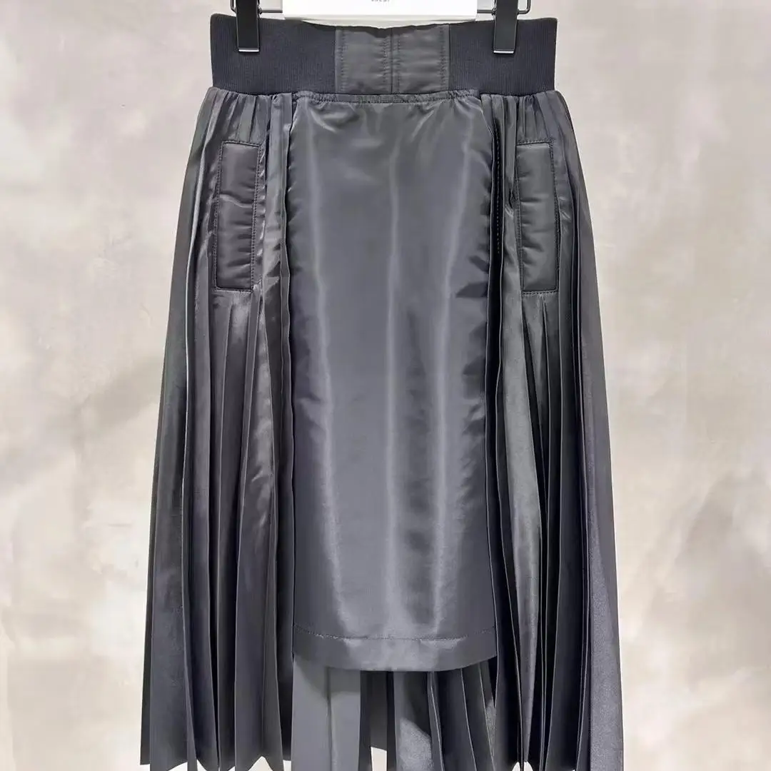 FOG SACAI Casual Pleated Skirt High Waist Elastic Waist A-Line Midi Skirt Trendy Japanese Sle Polyester Cotton Blend