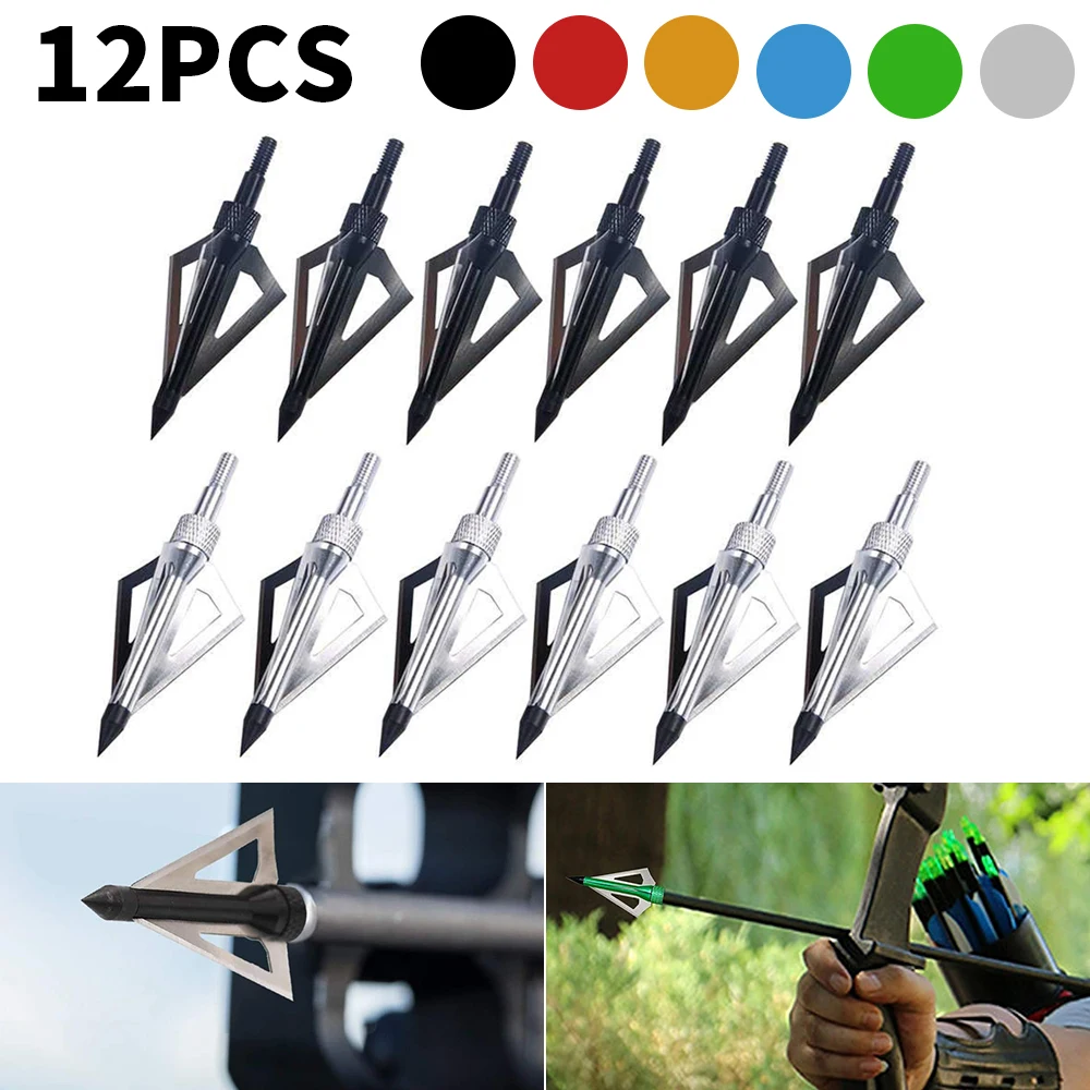 

12pcs Hunting Broadheads Stainless Steel 3 Fixed Blades Archery Arrowhead Tip 100 Grain Crossbow Arrow Head For Outdoor Hunting