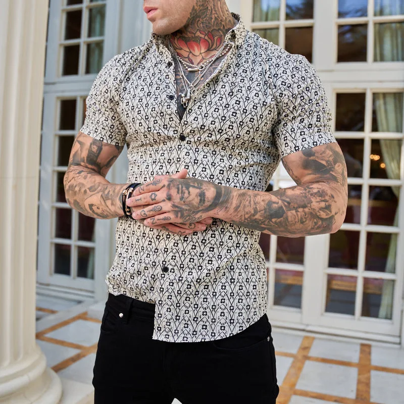 2024 New Cotton Men's Shirt Print Vintage Slim Fit Short Sleeve Turn Down Collar Streetwear Tops Tess Loose Male Shirts E25