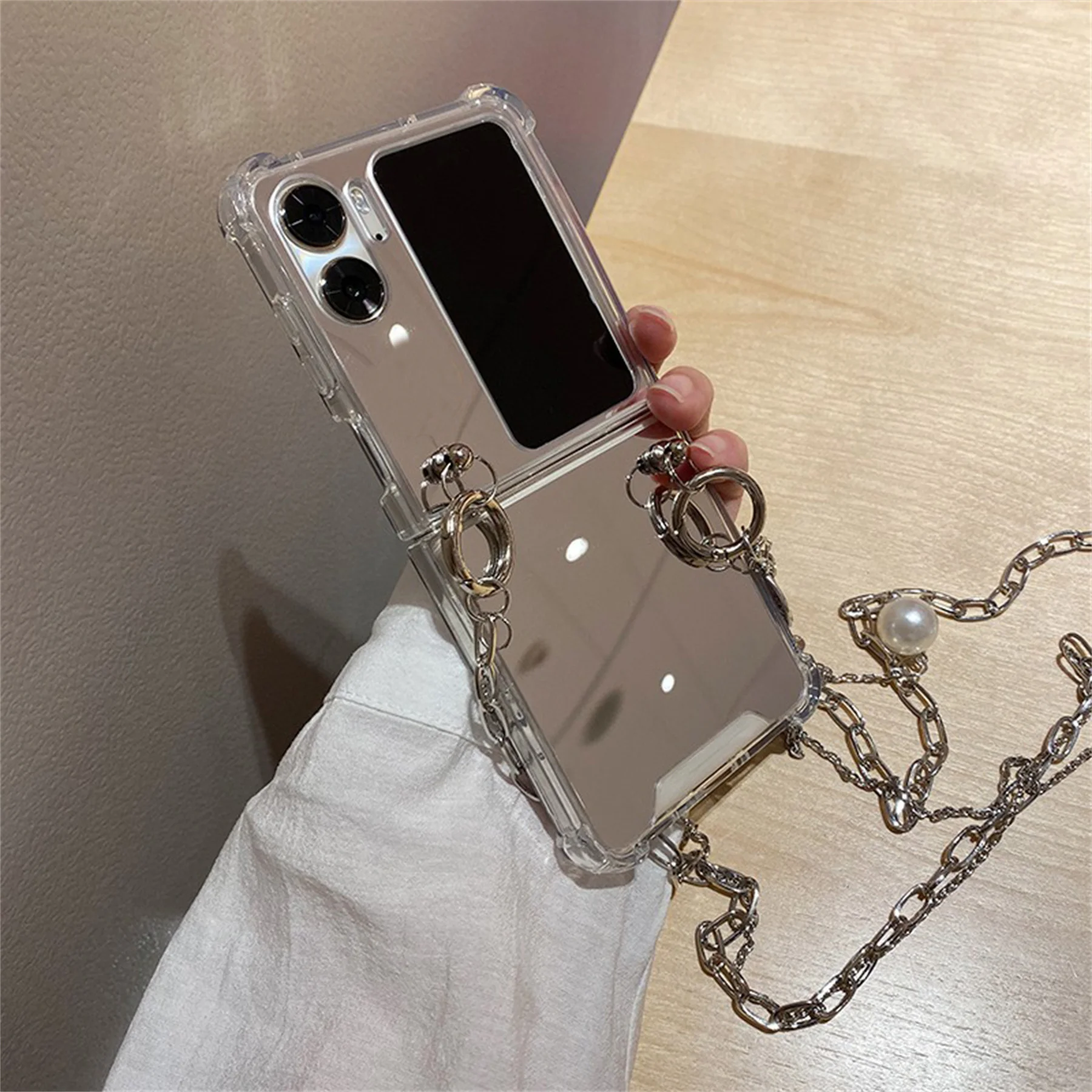 Korean Crossbody Lanyard with Silver Metal Beads Bracelet and Mirror Finish Case