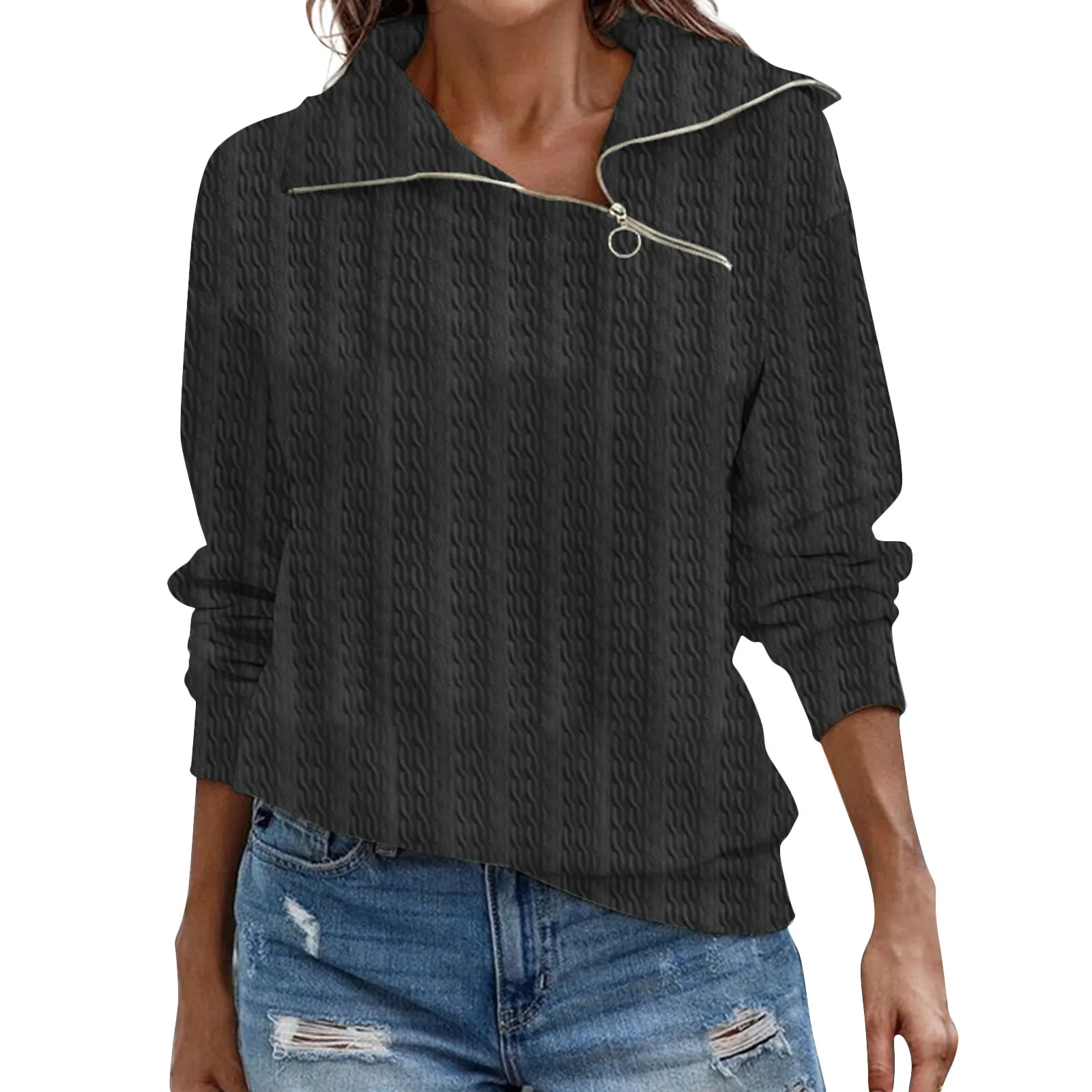 

Женские пуловеры на молнии с косым воротником, модные футболки с длинным рукавом, повседневные свободные топы, элегантный рабочий свитшот, женские осенние Топы
