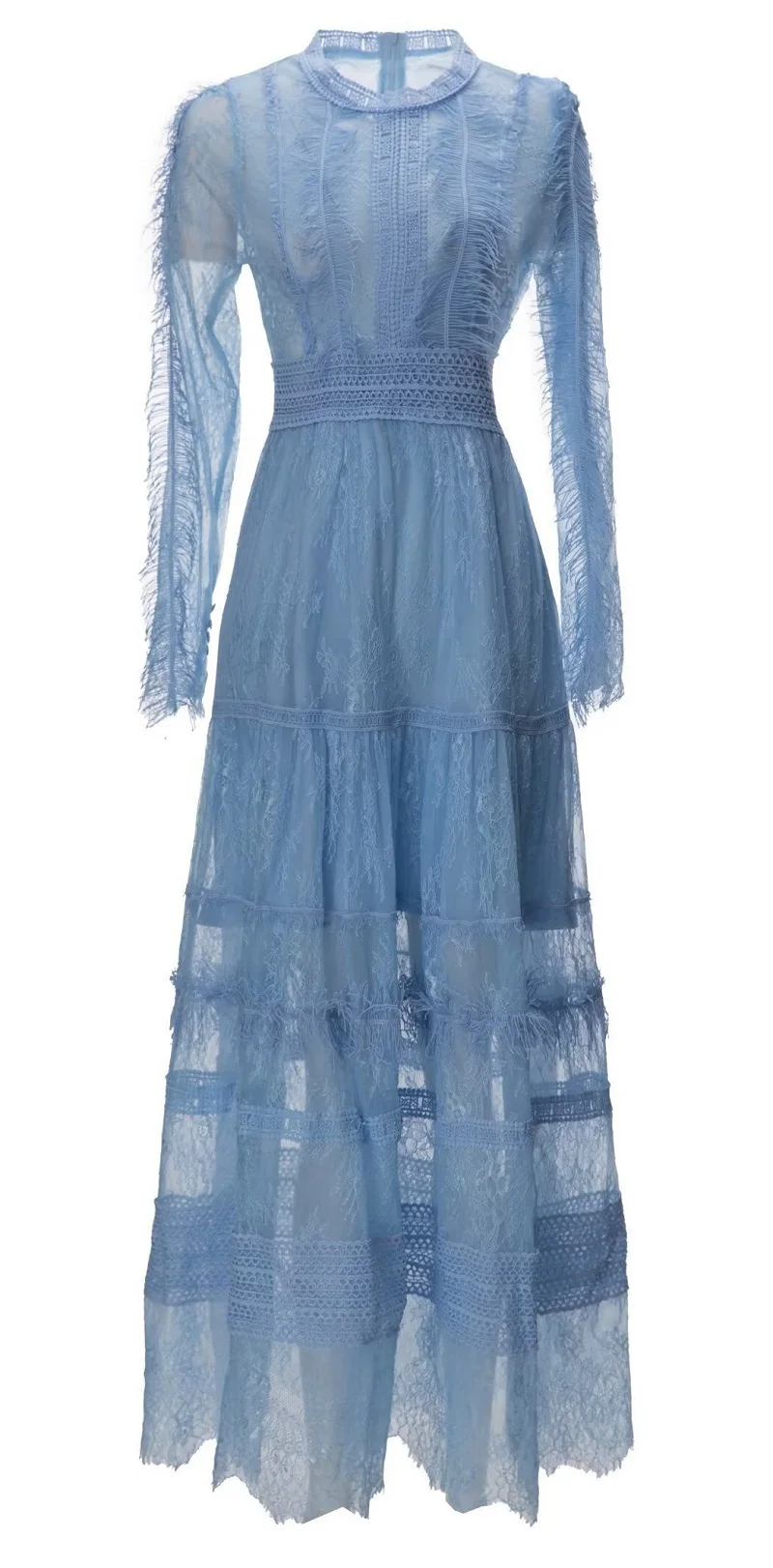 

High Quality New Lace Long Dress 2023 Autumn Party Evening Women Allover Tassel Lace Patterns Long Sleeve Blue Red Maxi Dress