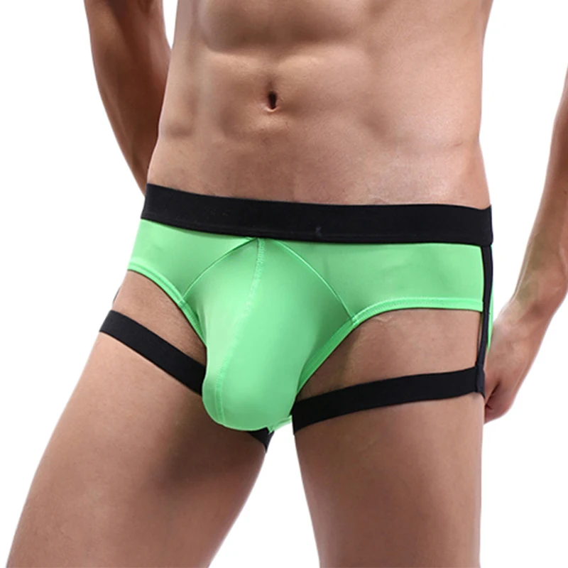 Men's Sexy Underwear Breathable Ice Silk Briefs with Leg Garters Hollow Out Thigh Strap Bulge Penis Pouch Bondage Fetish Costume