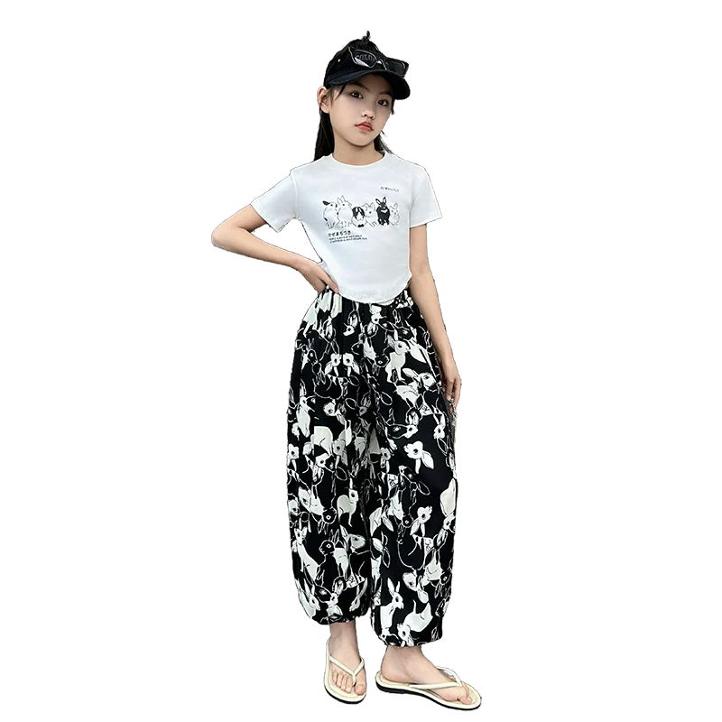 Baby Girls Clothes Summer Outfits Rabbit Printed Slim Short T-shirts Loose Sweat pants 5 6 7 8 9 10 11 12 13 Years Children sets