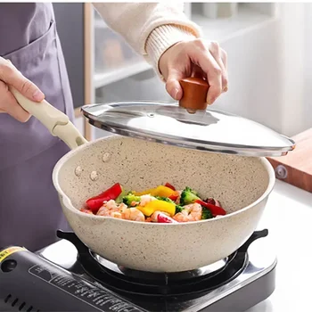 Thick Bottom Maifan Stone Wok Non-Stick Pans Frying Pan with Lid Household Wok Cooking Induction Cooker Utensils for Kitchen