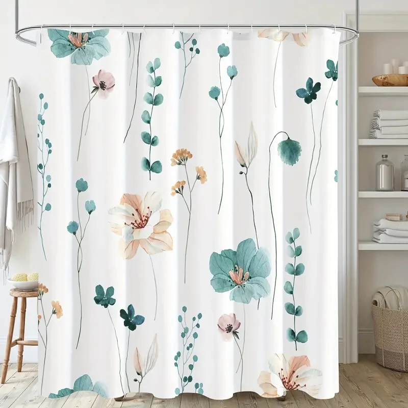 Modern Watercolor Floral Shower Curtain Set with Hooks-Waterproof and Minimalist Design for Bathroom 1pc shower curtains