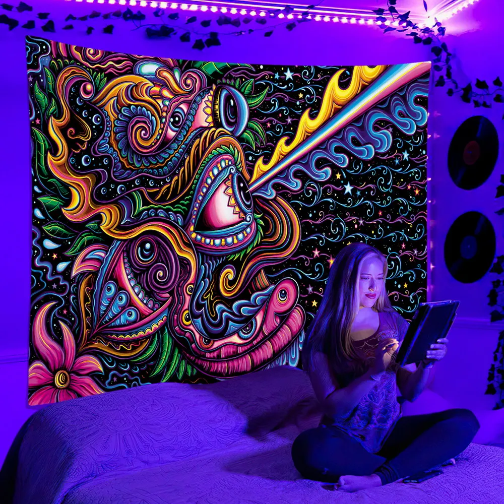 Fluorescent Tapestry UV Psychedelic Aesthetic Wall Hanging tapestry decorations For Bedroom Dorm Independent Room Decoration