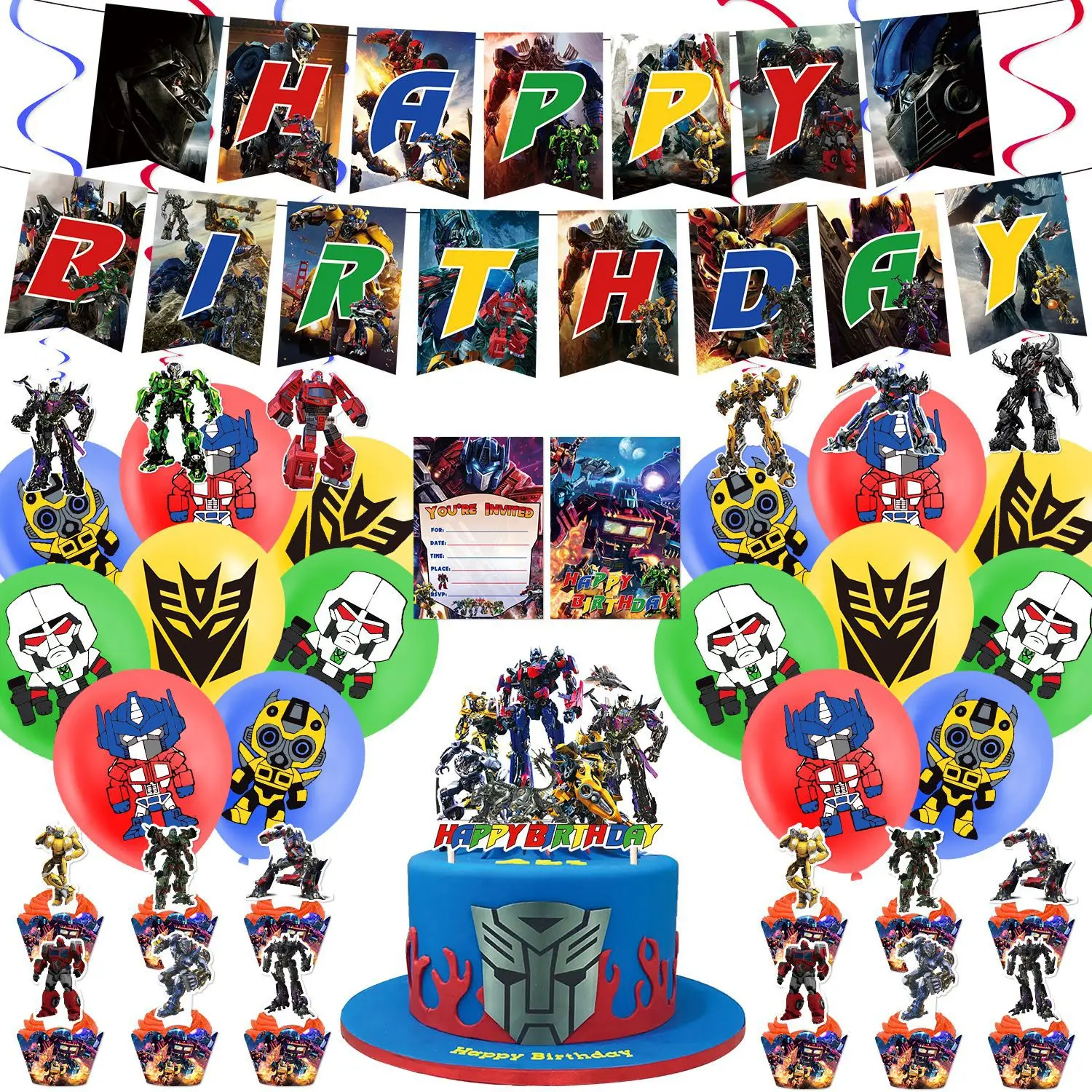 

Anime Autobots Themed Birthday Party Decoration Cake Top Balloon Orange Happy Birthday Banner Children's Party Supply Set