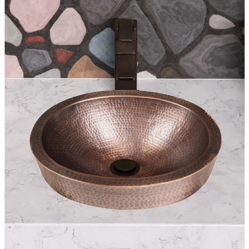 17004 Pure Copper Hand Hammered Oval Skirted Bathroom Vanity Sink (17 inches),Matte Black,Classic White 3