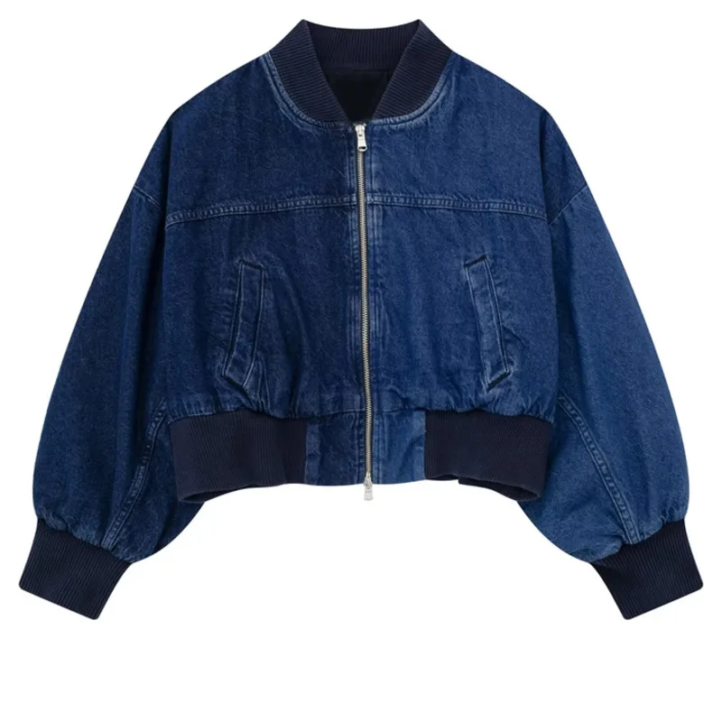 

Patchwork Bomber Denim Jackets Women 2023 Chic Stand Collar Front Zippers Coat Ladies Long Sleeve Loose New Outerwear Fashion