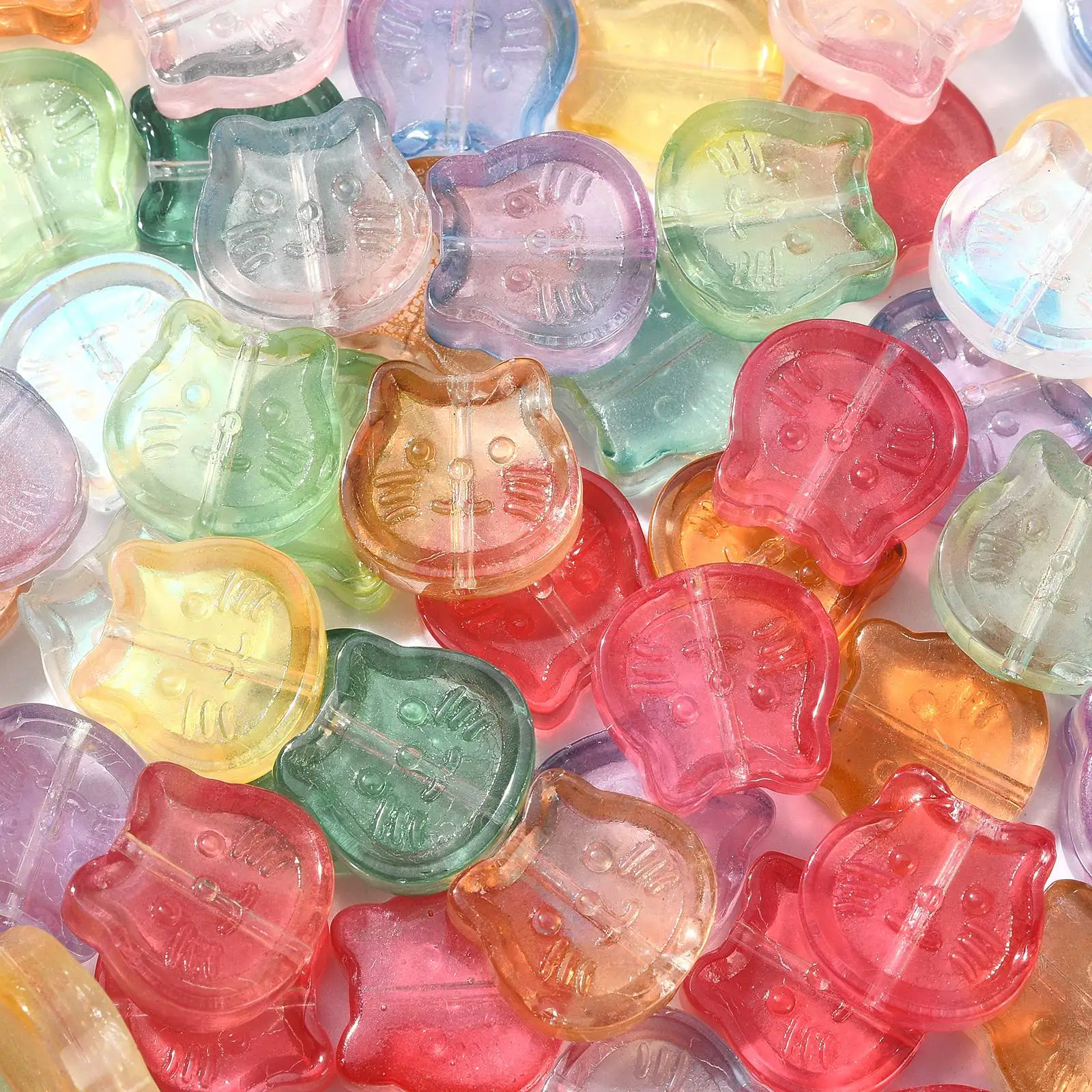 Pandahall 100Pcs Random Color Lampwork Glass Cat Head Beads Colorful Animal Pet Cat Beads Cat Face Beads for Jewelry Making DIY