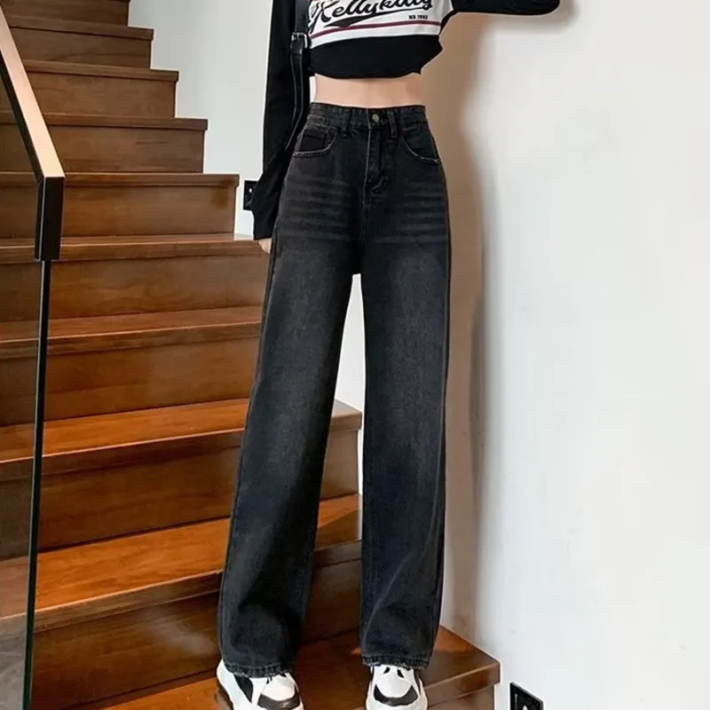 Natural Waist New Button Minimalist Trendy Women's Summer Jeans Ins Wash Long Pants Harajuku Wide Leg Pants Black