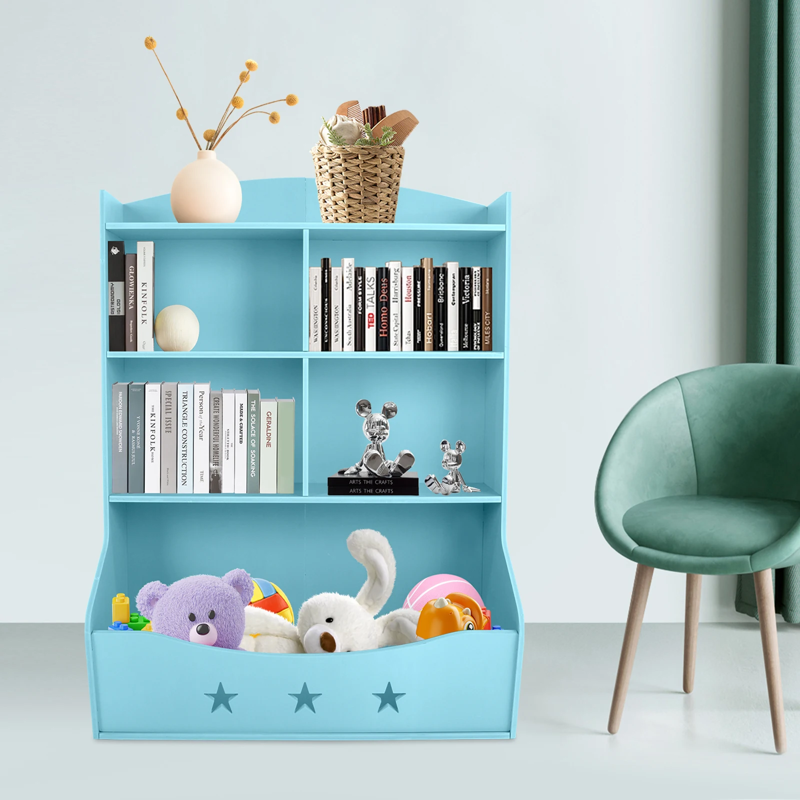 Children's Toy Bookcase, Blue PVC Storage Shelf with Multiple Compartments, for Organizing Books and Toys 4