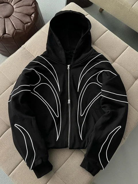Street Retro Fashion Clothing Striped Embroidered Black Double Zipper Hoodie American Hip-hop Punk Oversized Sweatshirt women
