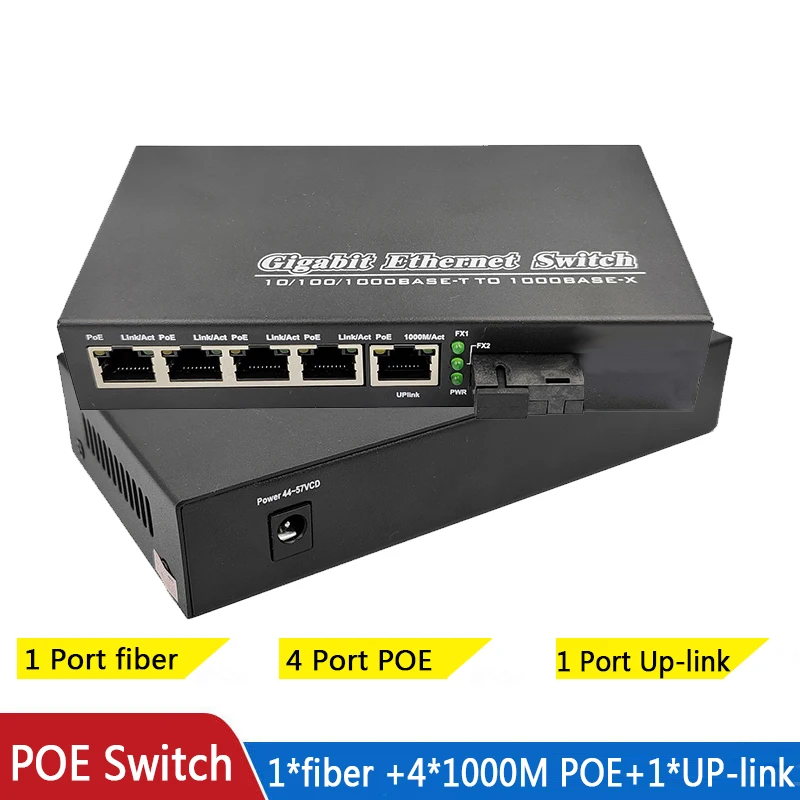 poe switch 1 SC fiber port 5 RJ45 Gigabit ethernet poe 10/100/1000M media conve