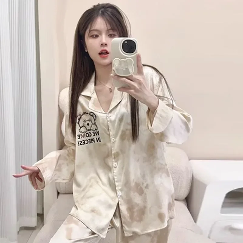 2024 New Spring Autumn New Ice Silk Pajamas Women's Two Piece Sleepwear Set Long Sleeve V-neck Girls' Homewear Thin Loungewear