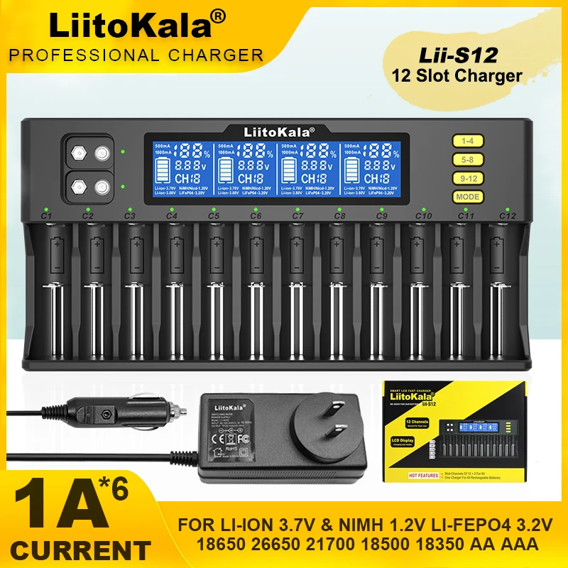 LiitoKala Lii-S12 12 슬롯 18650 LCD 배터리 충전기, 26650 21700 20700 14500 16340 10440 1.2V 3.7V 4.2V 사자 배터리용