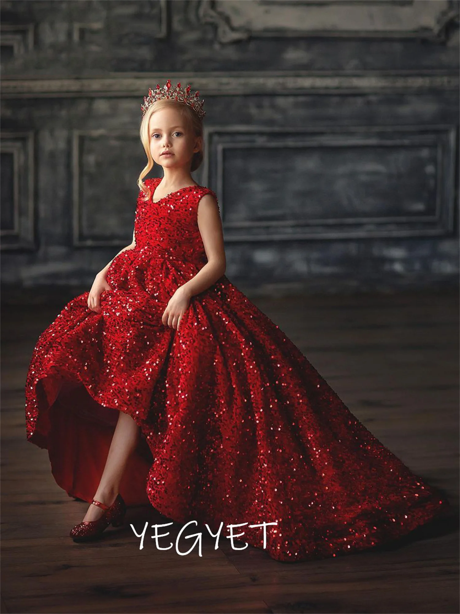 Glitter Red Princess Dess Long Flower Girl Dresses Sequin Girl Party Dress Cute Baby Girl Dress Birthday Dress Christmas Gift