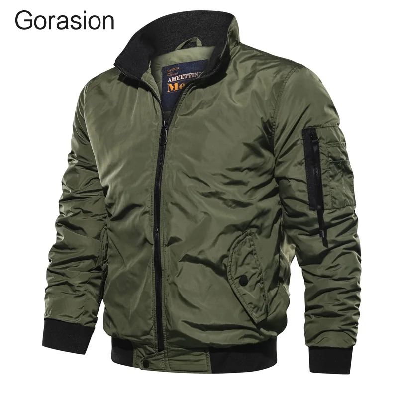 Gorasion Spring Autumn Casual Jacket Men's Thin Bomber Male Stand Collar Military Fashion Solid Overcoat |