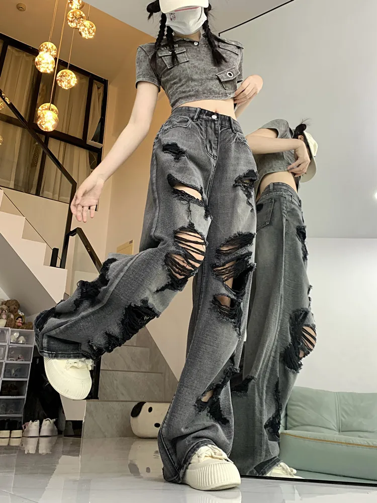 

Retro High Street Ripped Jeans for Women Autumn New Fashion Straight Denim Trousers Baggy Wide-leg Pants Y2k Streetwear Female