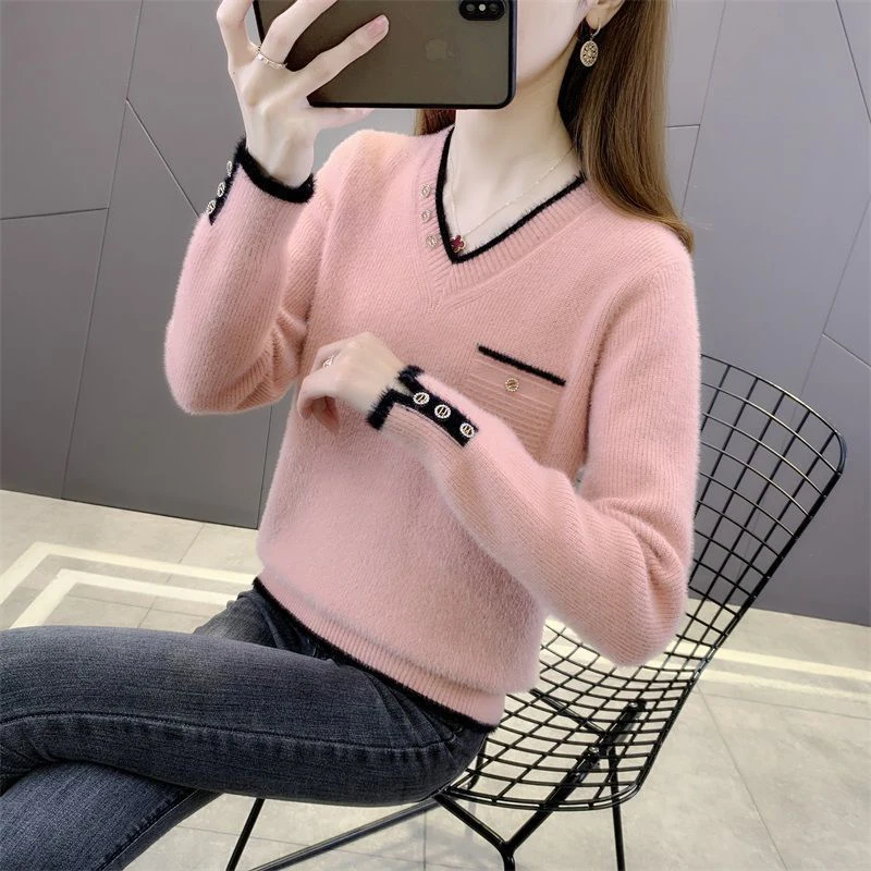 Autumn Winter v-neck  pullovers fake-mink cashmere womens elegant slim trendy all-match  casual sweaters HT6 christmas sweatshirt