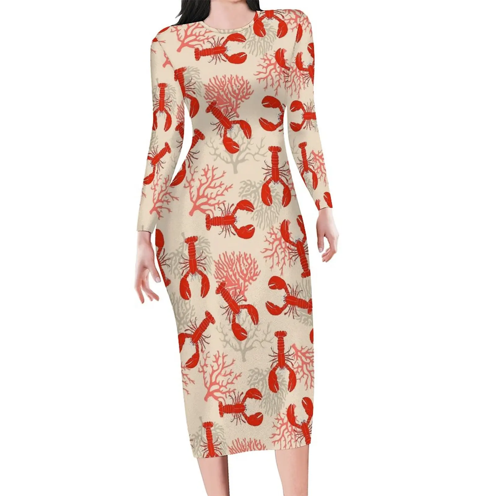 

Женское платье в стиле ретро, Красное Облегающее платье с длинным рукавом, кораллового цвета, Одежда большого размера для осени