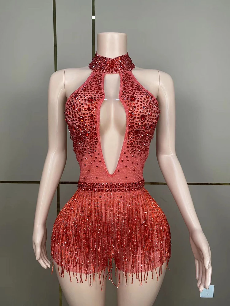 

Red Fringes Cut Out Halter gogo Evening Dress Club Birthday Bar Stage Show Gala Party Birthday Special Ocassion Sexy costume