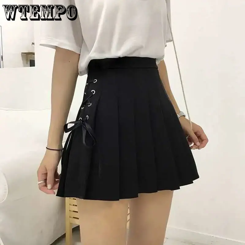 

WTEMPO Women Pleated Skirts Girl Summer Preppy Style Lace-up A-line Skirts Solid New Fashion High Waist Hot Skirts Drop Shipping