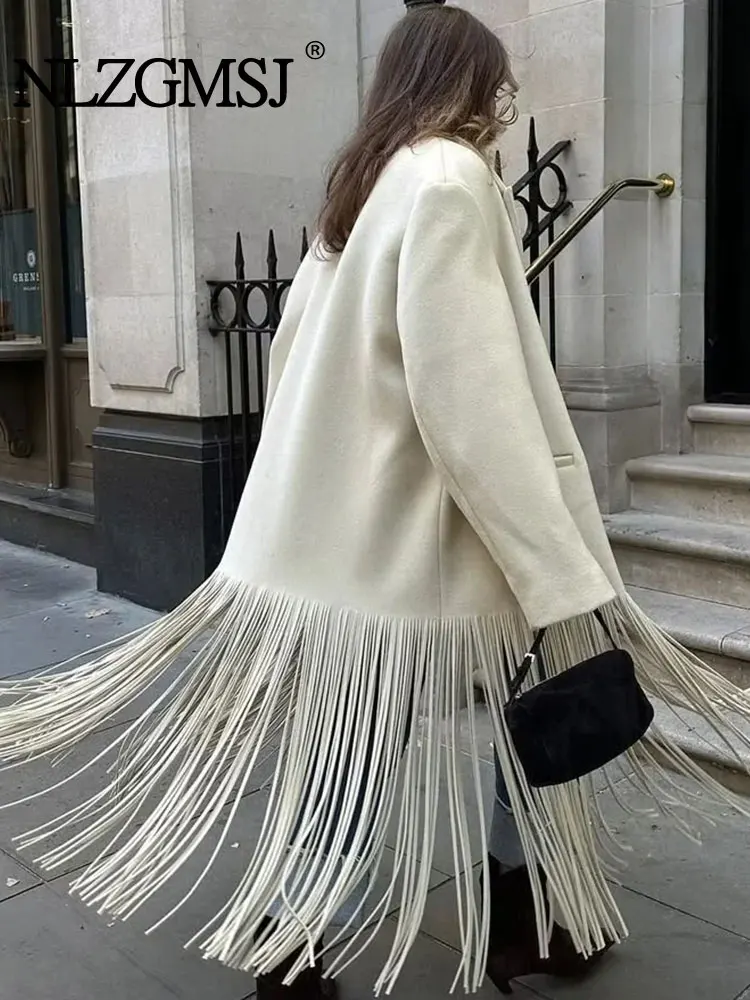 

TRAF 2024 Autumn Women Tassel Long Blazer Jacket Coats Fashion Single Button Vintage Long Sleeve Casual Loose Tops