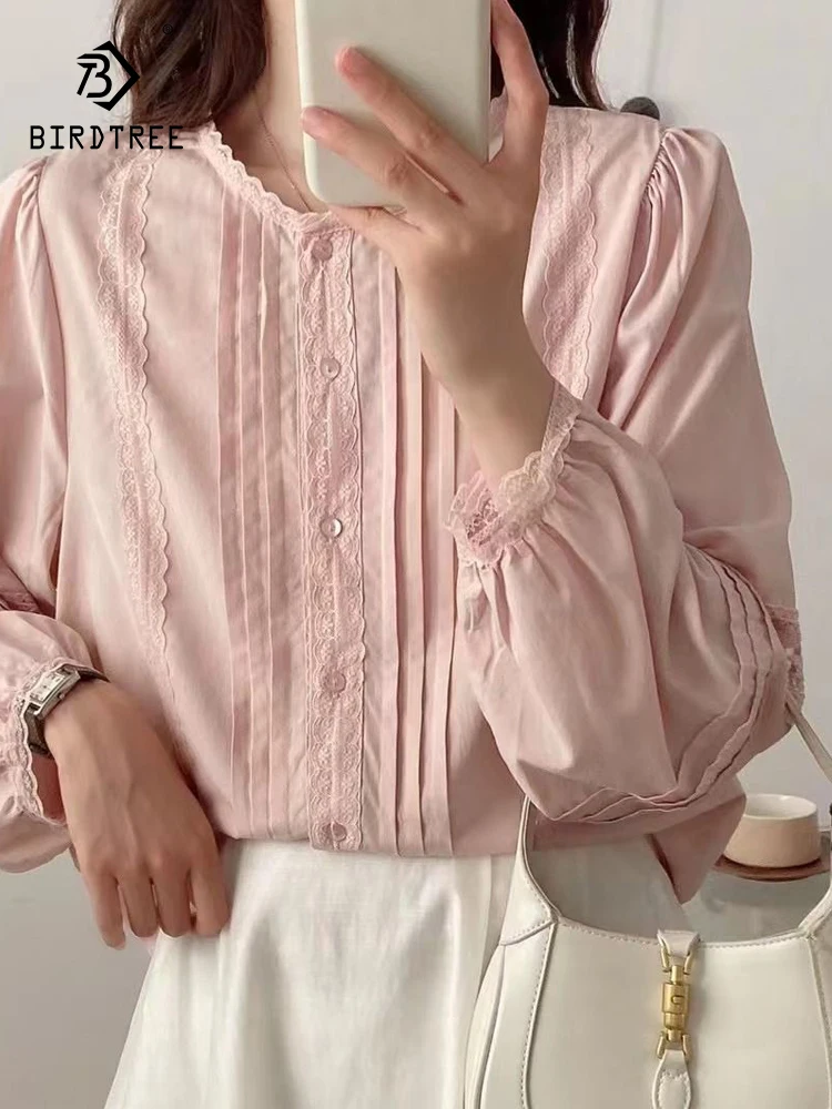 

New Autumn Cotton Solid Lace Shirts Women Round Neck Folds Tops Girl Long Sleeve Loose Blouses Age Reduction Spring T39429QC