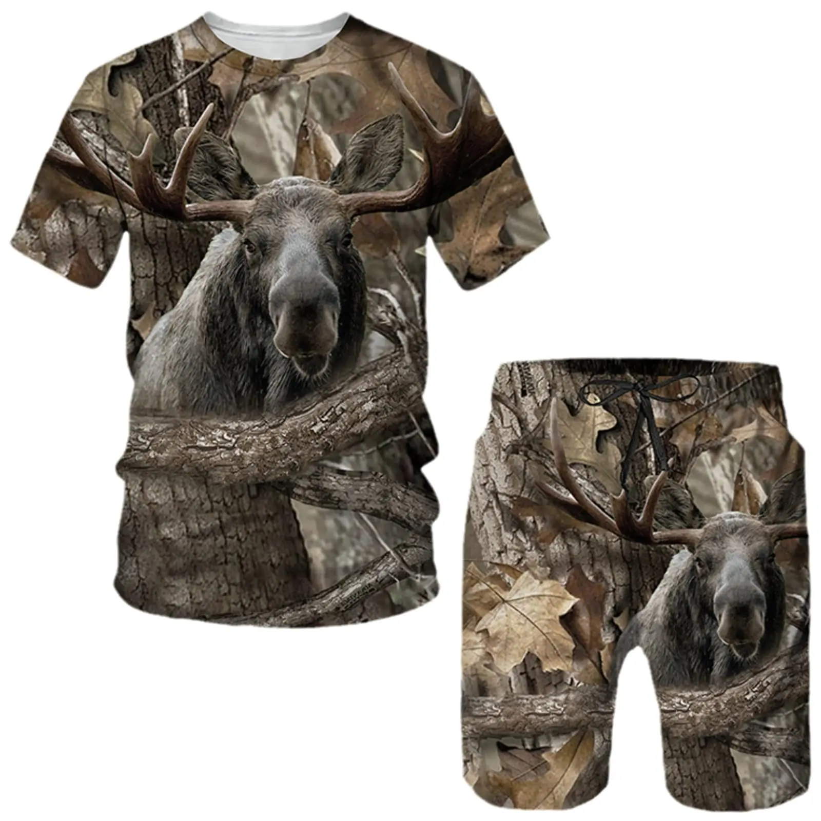 Camo Print Short Sleeve Mens Streetwear Sportswear Set