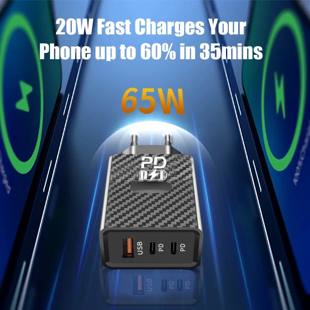 65W Fast Charger USB C PD Quick Charging QC3.0 Type C Phone Charger Adapter for iPhone Samsung Xiaomi Mobile Phone Wall Chargers