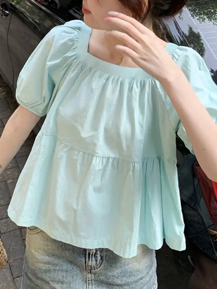 

Женская рубашка VONDA 2024, летняя Элегантная блузка с коротким рукавом-фонариком, модные однотонные повседневные топы с квадратным воротником, свободные блузки с оборками