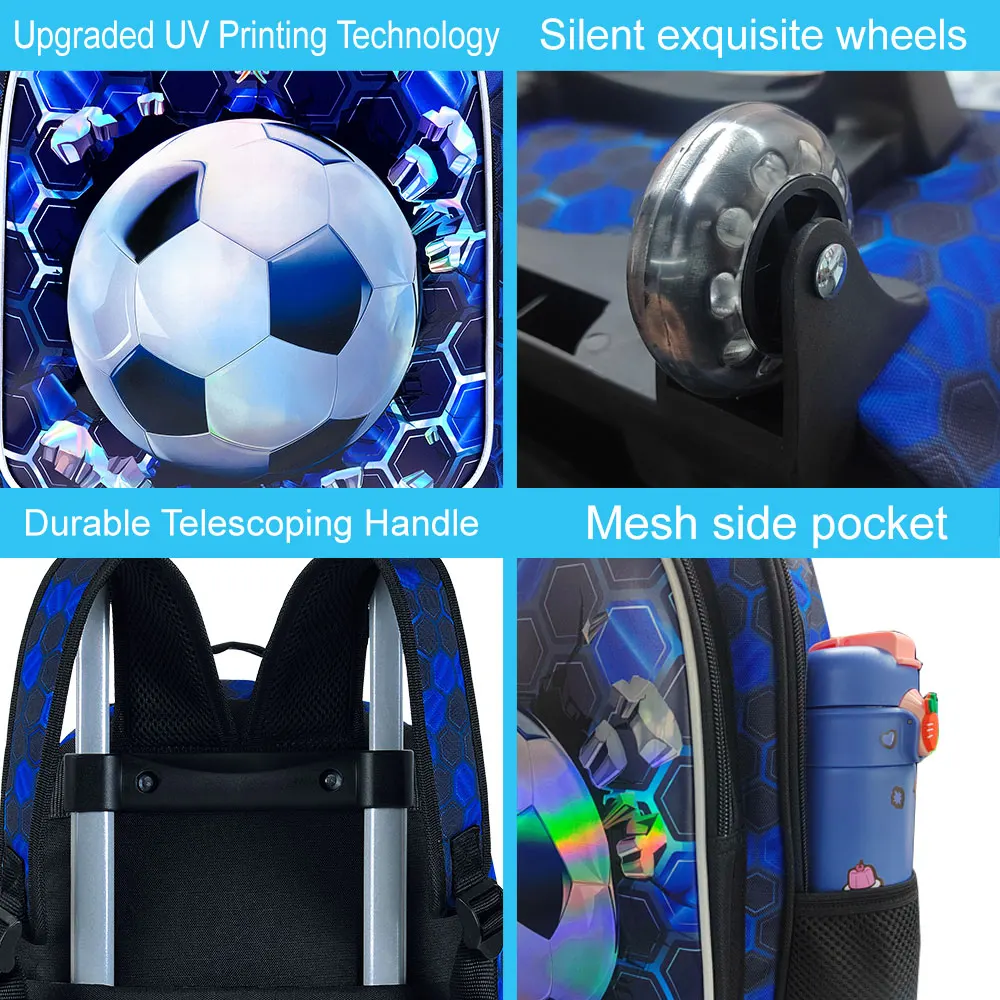 3 قطع حقيبة ظهر دوارة للأولاد، حقيبة كتب مدرسية لكرة القدم مع حقيبة غداء، حقائب ظهر بعجلات لكرة القدم للمراهقين والأولاد الابتدائية