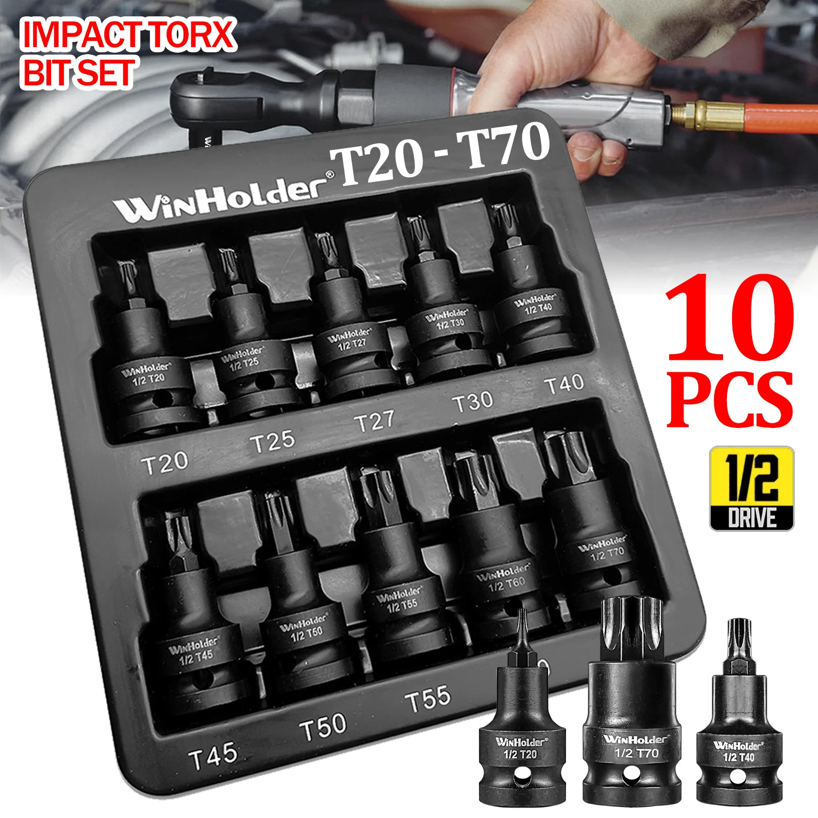 WinHolder 10PCS IMPACT TORX Star BIT Sockets Set 1/2" T20 T25 T27 T30 T40T45 T50 T55 T60 T70 Industrial Short Reach