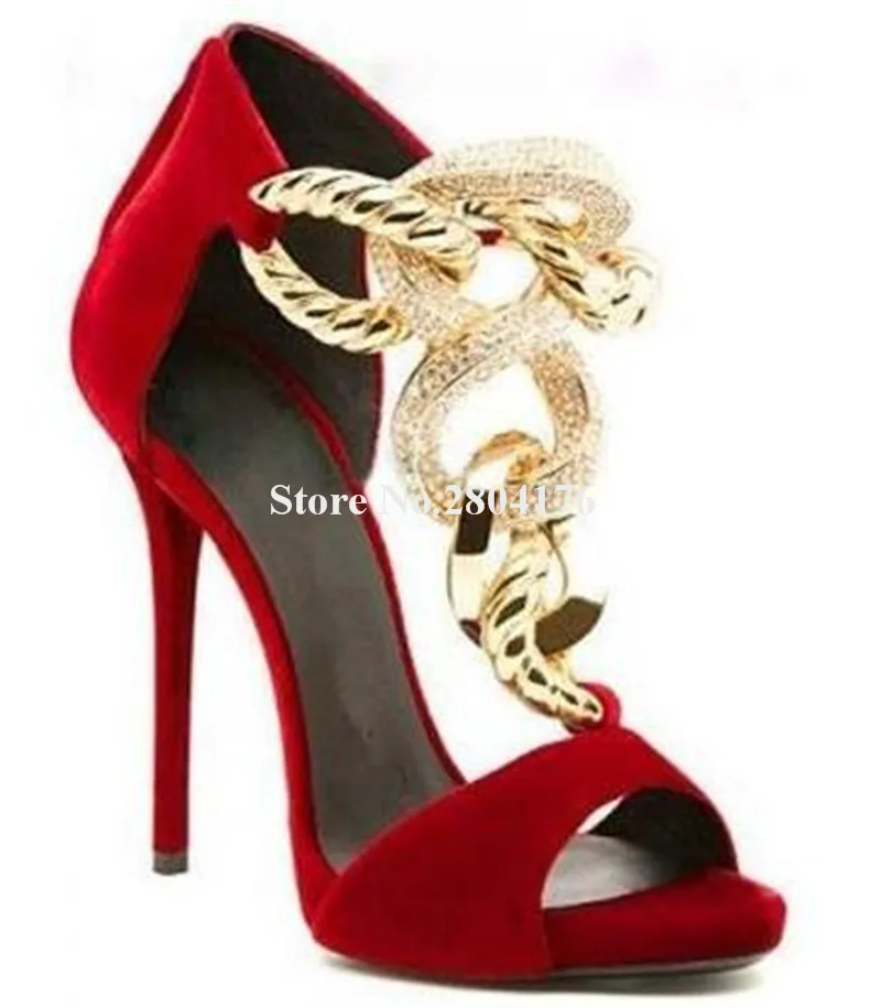 

Gold Metal Buckles Sandals Brand Design Open Toe Suede Rhinestones Stiletto Heel Gladiator Sandals Red Black Purple High Heels
