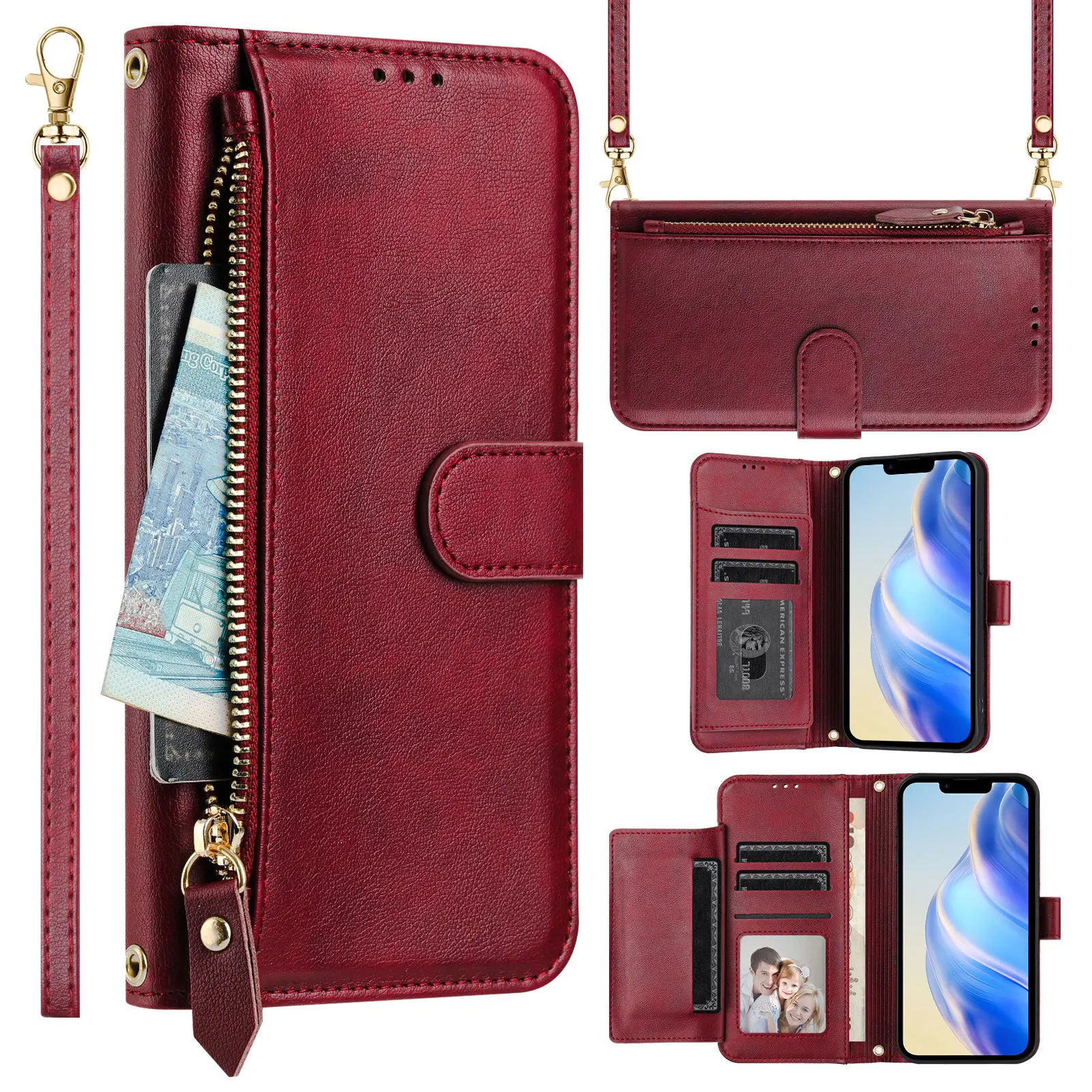 Vintage Leather Crossbody Flip Wallet with Multi-Card Slots and Zippered Pouch