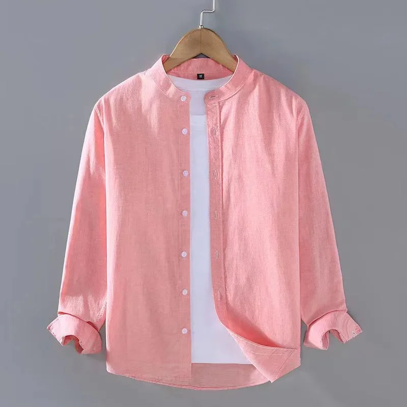 New Blue Linen Long Sleeve Shirt Stand Collar Long Sleeve Henley Shirt Soft and Comfortable Summer Men's Shirt Solid Color 3XL