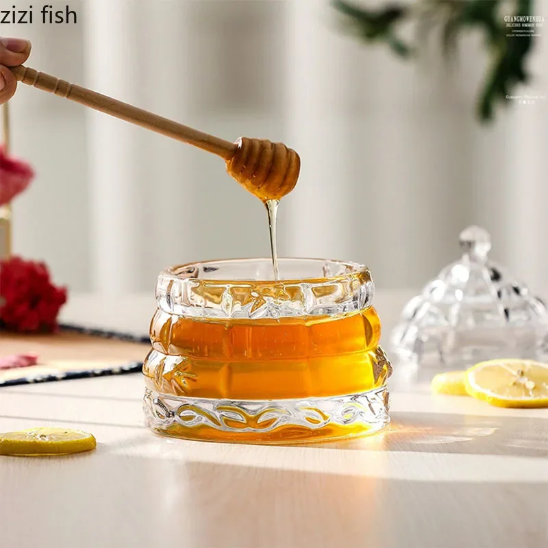 Transparent Glass Storage Jar with Lid Honey Syrup Storage Jar Jam Storage Jar Household Storages Container with Stirring Rod 3