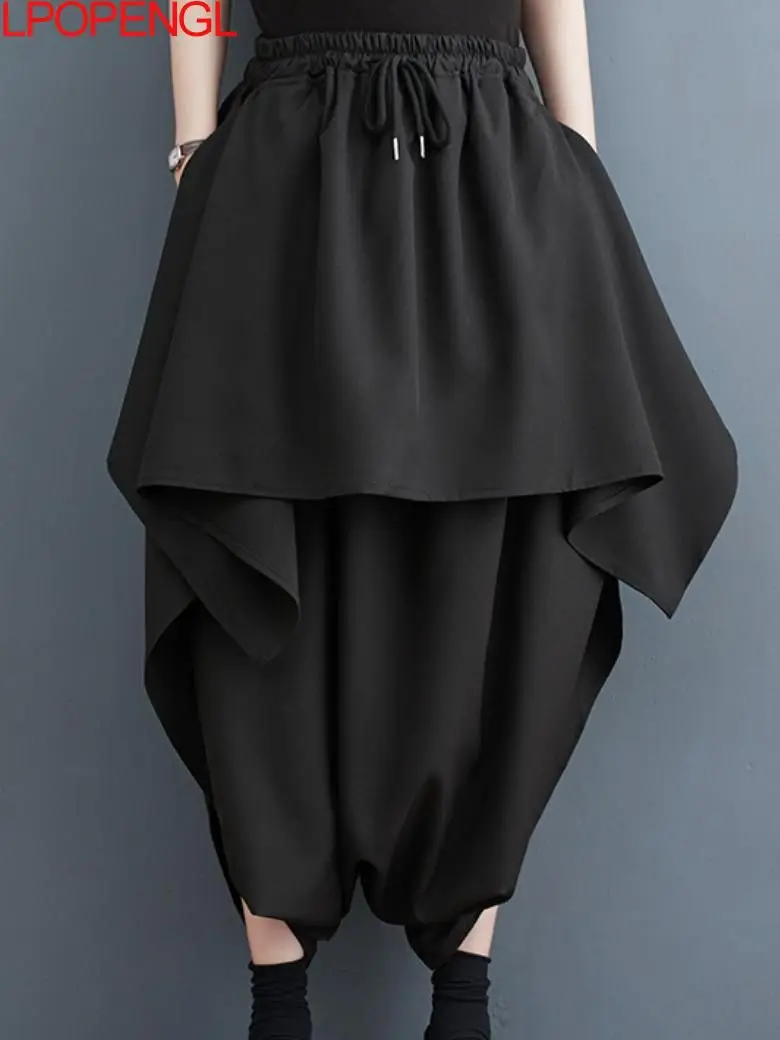 

Woman Dark Personality Irregular Cross-pants Casual Versatile High Waisted Ankle Length Drawstring Streetwear Wide Leg Pants