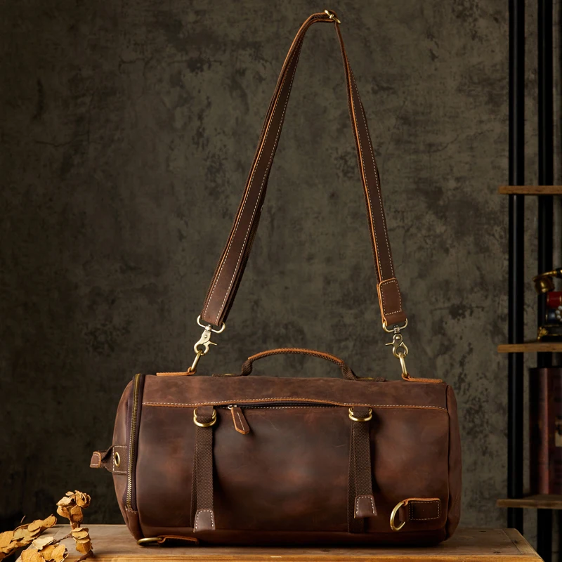 Cowhide Backpack Retro Large Capacity Barrel Bag Crazy Horse Leather Rucksack Vintage Genuine Leather Travel Hiking Knapsack Men