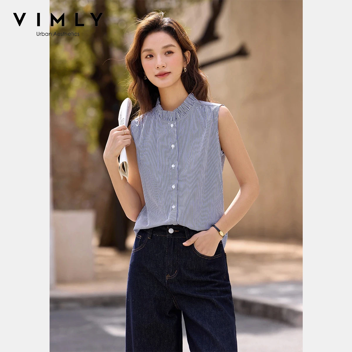 VIMLY Women's Navy Blue Striped Sleeveless Shirts Office Lady 2026 Spring New Casual Ruffled Stand Neck Female Blouses A3565